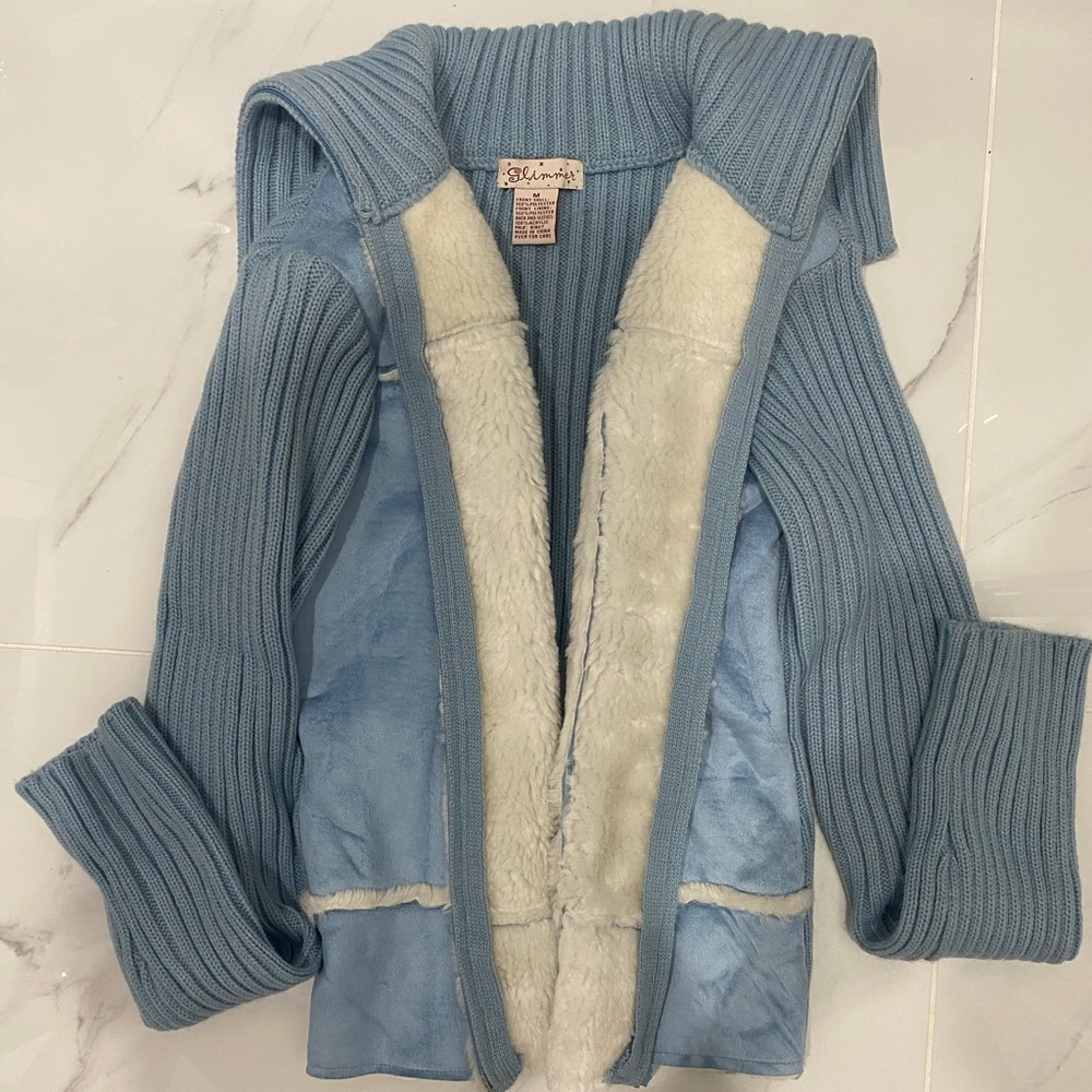 Vintage Glimmer Knit Hooded Cardigan with Faux Fur Lining